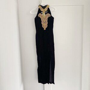 Vintage Gold Black Velvet Sleeveless Speed Fashion Halter Slit Maxi Dress